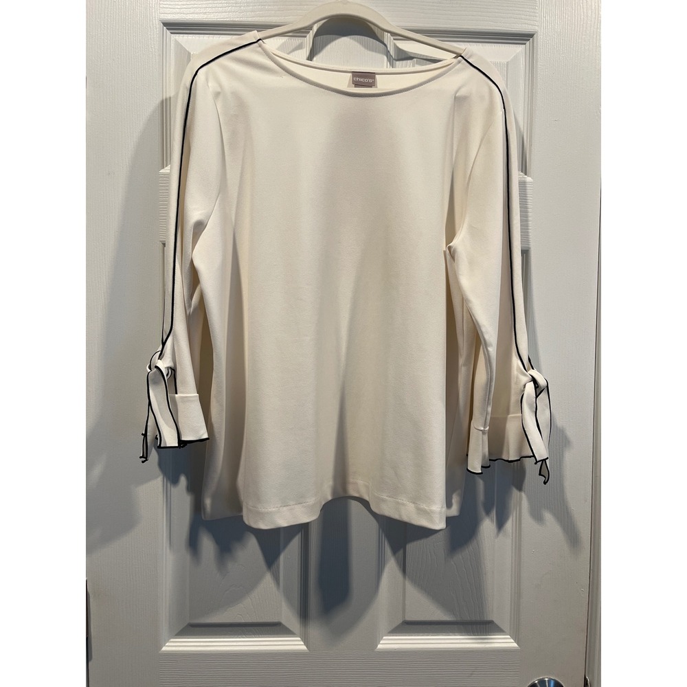 Chicos Cream Blouse Size 3 XL Black Contrast Trim Tie Sleeve Ruffle Cuff Top